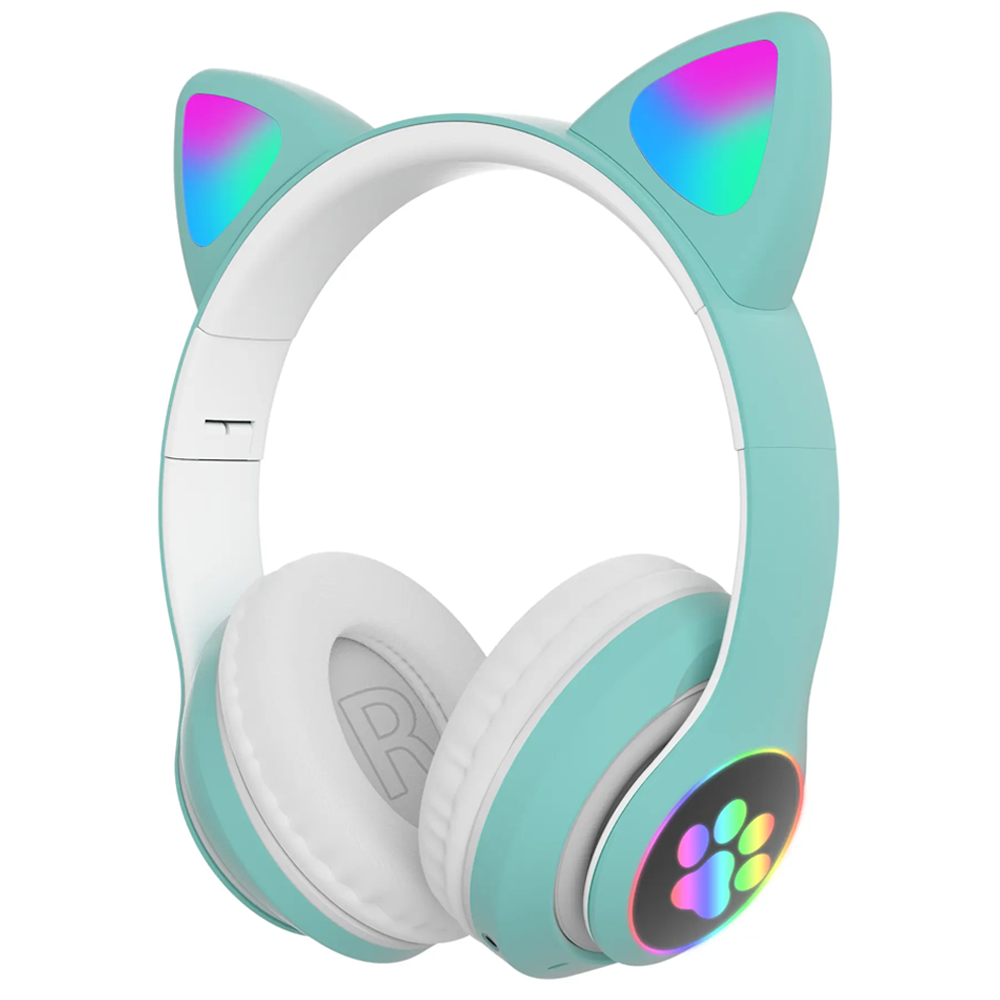 Casti Wireless Model Pisica Teno948, STN-28, overear, urechi de pisica cu iluminare RGB, bluetooth 5.0, handsfree, HiFi, bass stereo, turcoaz