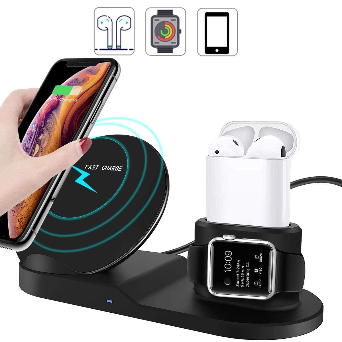 Incarcator wireless QI 3 in 1 pentru telefon ceas si casti Fast Charge