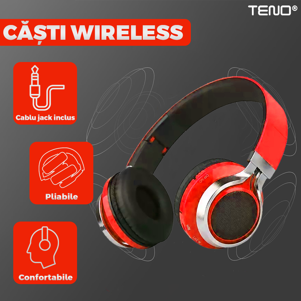 Casti Wireless Teno962, overear, bluetooth 4.2, extra bass, blocare sunete externe, slot card TF, functii multiple, rosu
