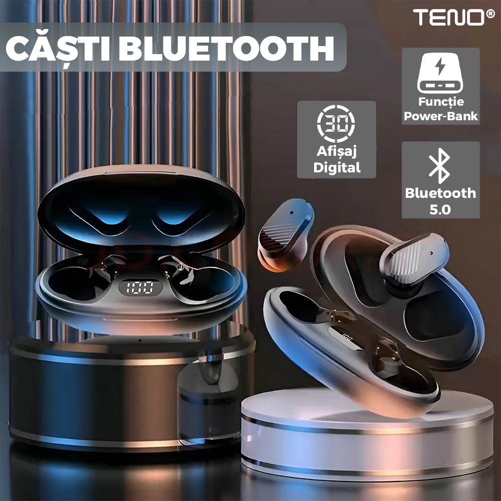 Casti Wireless Teno985, TWS, Bluetooth 5.0, afisaj digital, carcasa magnetica, sunet stereo, compatibilitate univesala, design compact, autonomie 7 ore,negru