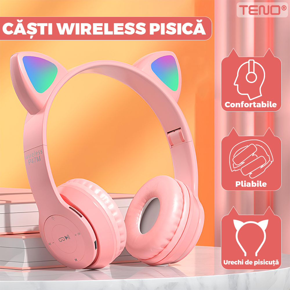 Casti Wireless Model Pisica Teno951, P47M, overear, urechi de pisica cu iluminare RGB, bluetooth 5.0, handsfree, HiFi, bass stereo, roz