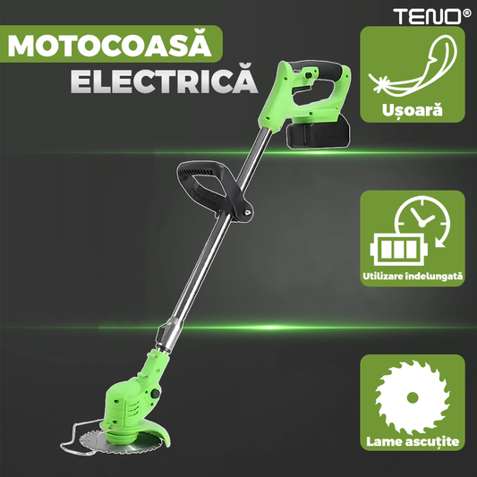 Motocoasa Electrica Teno975, acumulator 48V, baston telescopic, 3 tipuri de lame pentru taiere, 18000 RPM, autonomie de 2-3 ore, accesorii incluse, verde