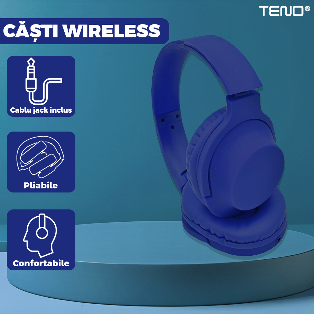 Casti Wireless Teno960, TV11, overear, bluetooth 4.1, extra bass bright series MP3 cu microfon, radio Fm si SD card, albastru inchis