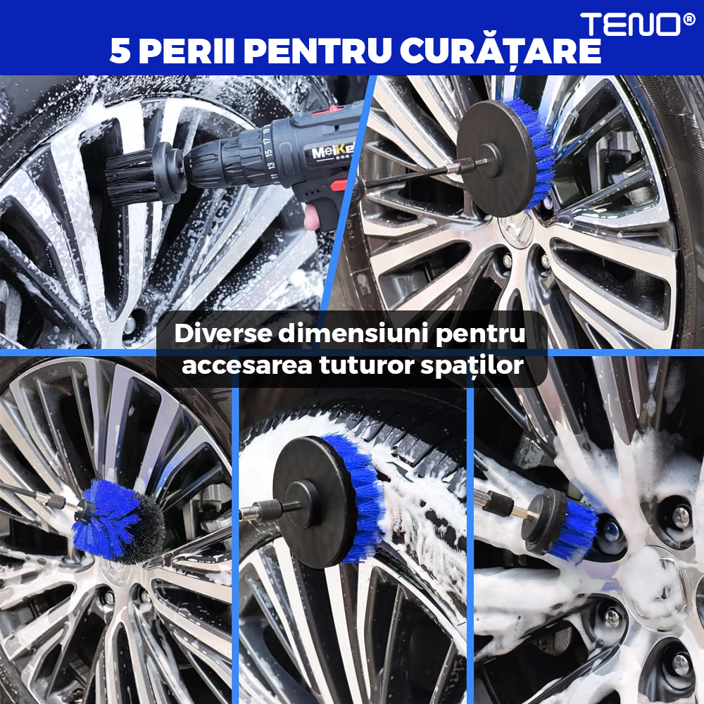 Set Premium 26 Piese Detailing Auto Teno677, curatare masina Interior-exterior, 5 pensule detaliu, burete aplicator, laveta microfibra, perii aer conditionat, perii de zimtate, manusa microfibra fata-verso, albastru