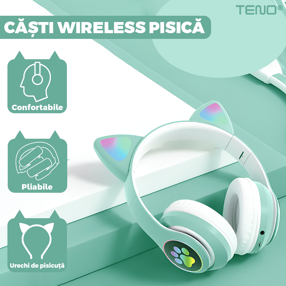 Casti Wireless Model Pisica Teno948, STN-28, overear, urechi de pisica cu iluminare RGB, bluetooth 5.0, handsfree, HiFi, bass stereo, turcoaz