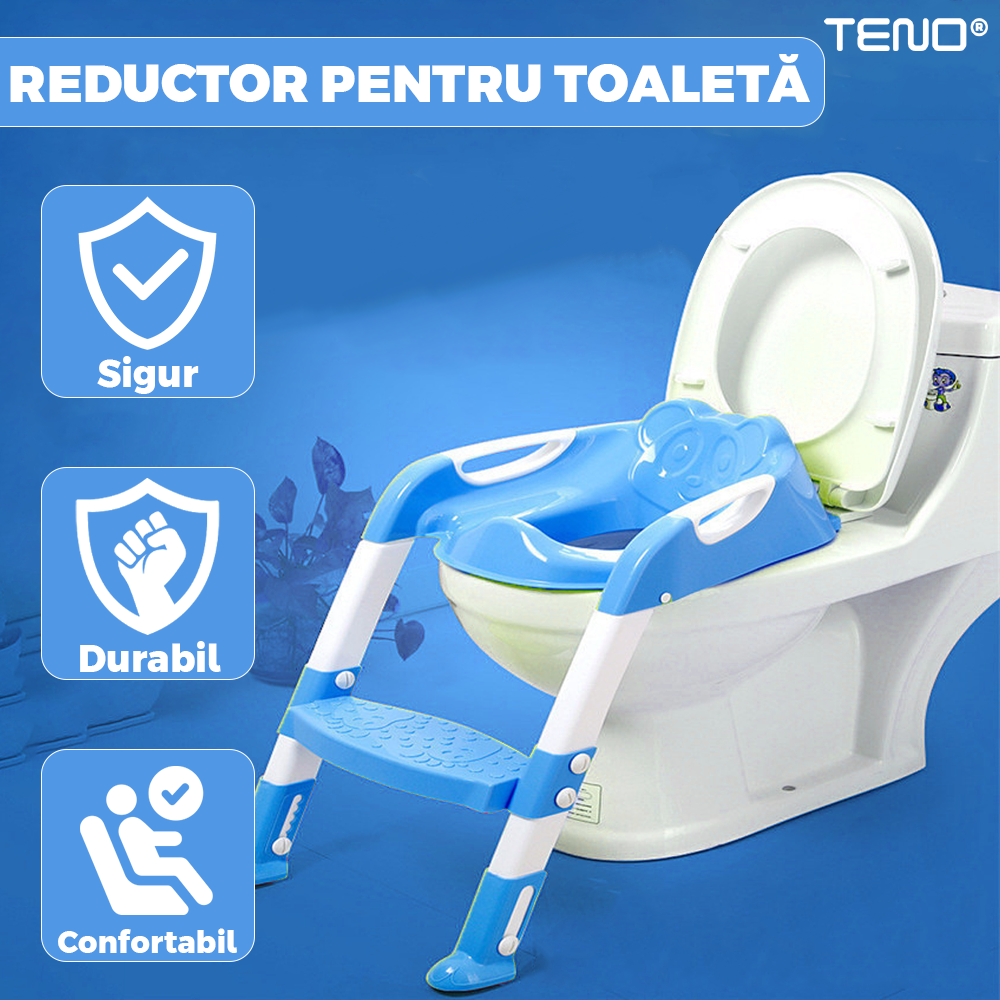 Reductor WC cu Scara Teno974, antiderapant, pentru copii cu varsta pana la 7 ani, protectie impotriva stropilor, 1 treapta, reglabil pe inaltime, manere de sustinere, alb/albastru