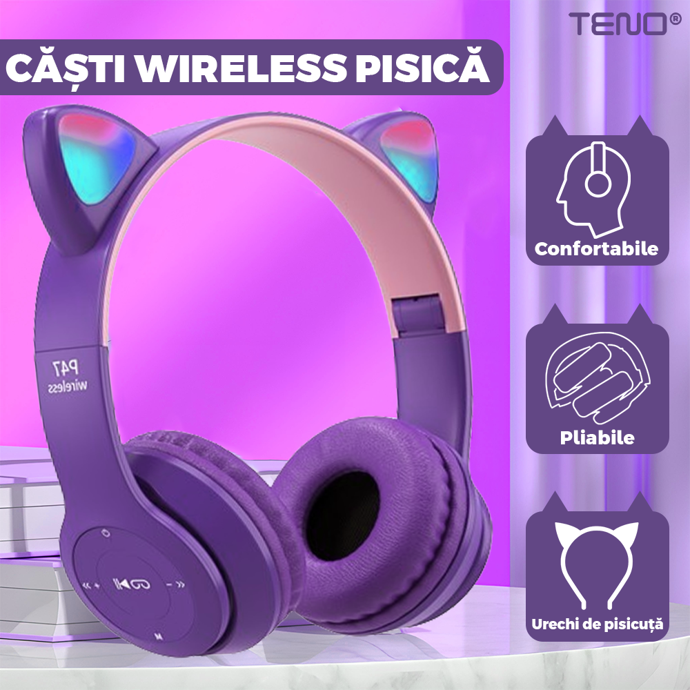 Casti Wireless Model Pisica Teno952, P47M, overear, urechi de pisica cu iluminare RGB, bluetooth 5.0, handsfree, HiFi, bass stereo, mov
