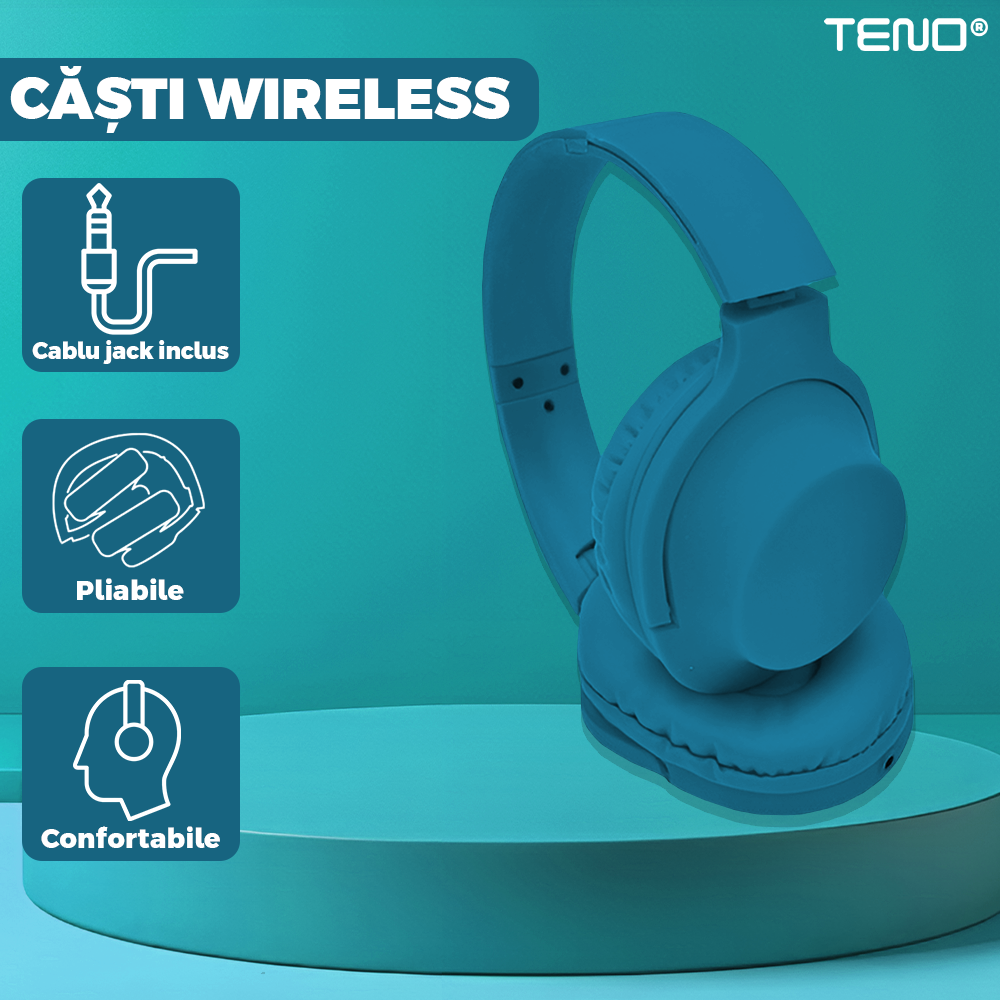 Casti Wireless Teno961, TV11, overear, bluetooth 4.1, extra bass bright series MP3 cu microfon, radio Fm si SD card, albastru turcoaz