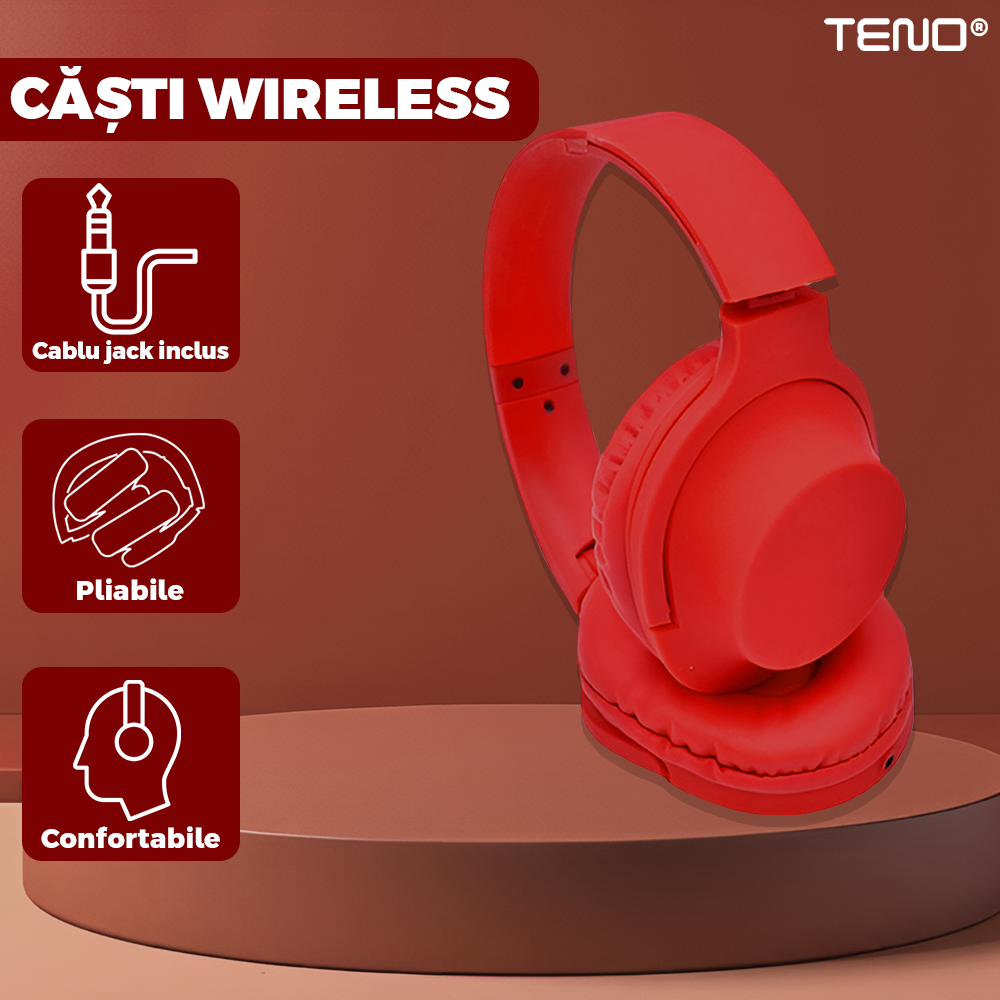 Casti Wireless Teno958, TV11, overear, bluetooth 4.1, extra bass bright series MP3 cu microfon, radio Fm si SD card, rosu