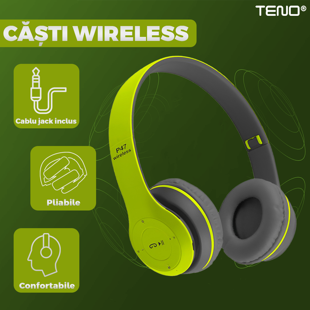 Casti Wireless Teno957, P47, overear, bluetooth 5.0, 3 porturi integrate, handsfree, HiFi, bass stereo, gri/lime