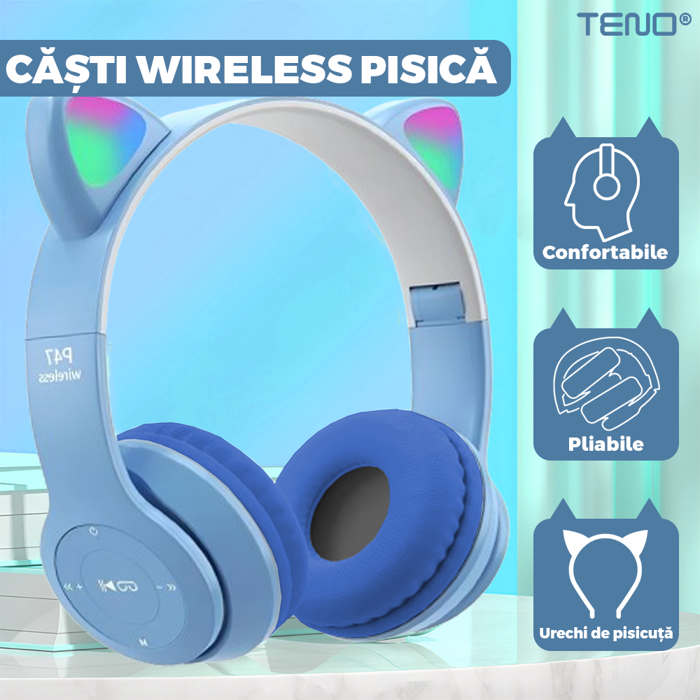 Casti Wireless Model Pisica Teno955, P47M, overear, urechi de pisica cu iluminare RGB, bluetooth 5.0, handsfree, HiFi, bass stereo, albastru deschis