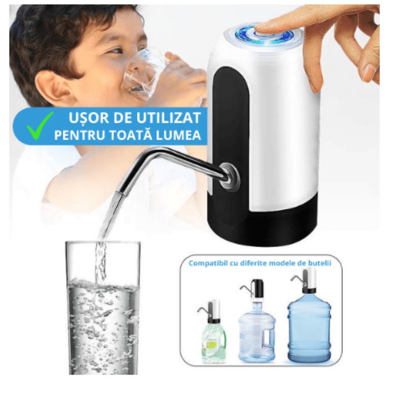 Dozator automat de apa, pentru bidoane, incarcare USB, alb-negru