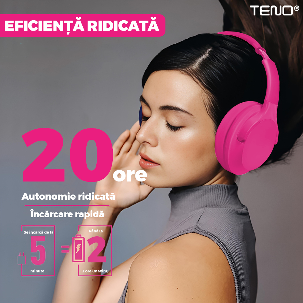 Casti Wireless Teno959, TV11, overear, bluetooth 4.1, extra bass bright series MP3 cu microfon, radio Fm si SD card, roz