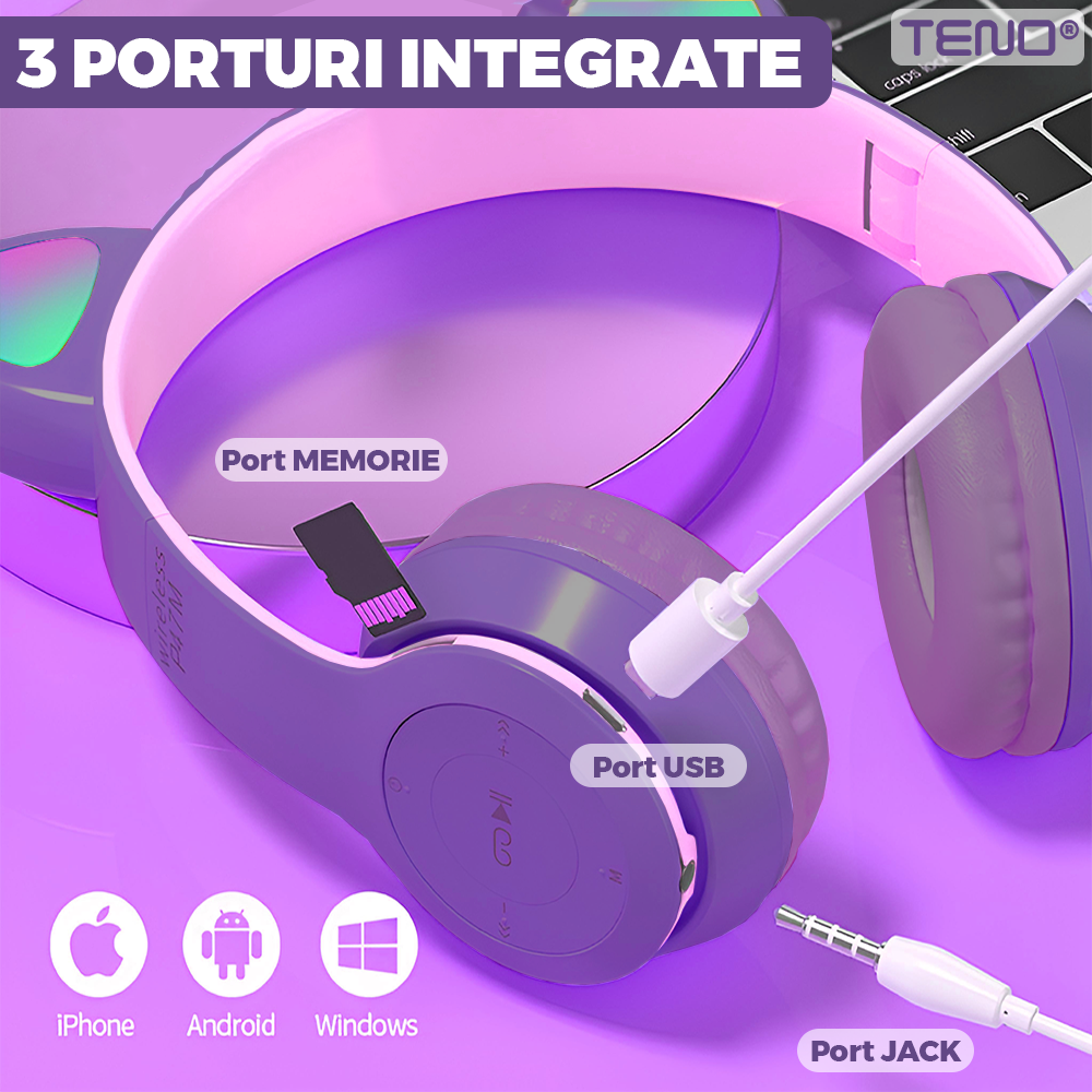 Casti Wireless Model Pisica Teno952, P47M, overear, urechi de pisica cu iluminare RGB, bluetooth 5.0, handsfree, HiFi, bass stereo, mov