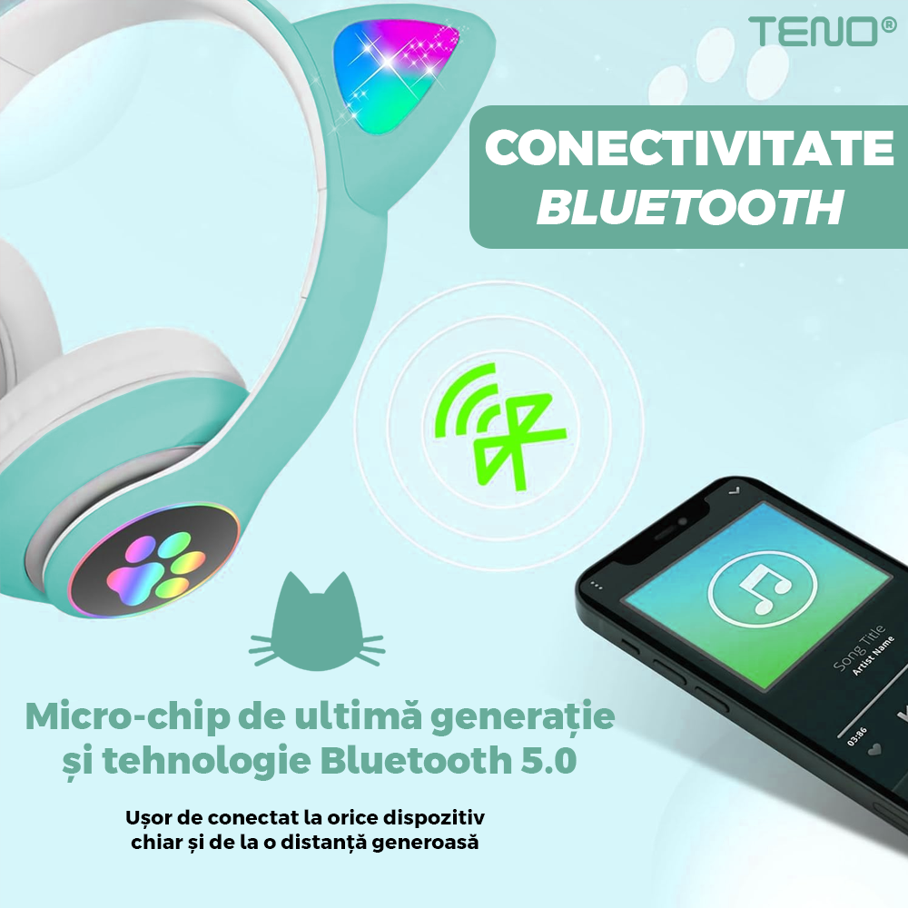 Casti Wireless Model Pisica Teno948, STN-28, overear, urechi de pisica cu iluminare RGB, bluetooth 5.0, handsfree, HiFi, bass stereo, turcoaz