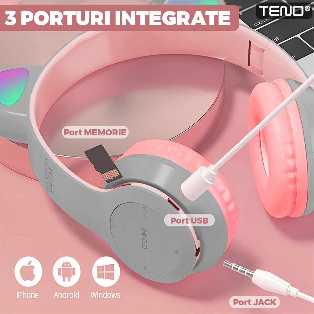 Casti Wireless Model Pisica Teno953, P47M, overear, urechi de pisica cu iluminare RGB, bluetooth 5.0, handsfree, HiFi, bass stereo, gri/roz