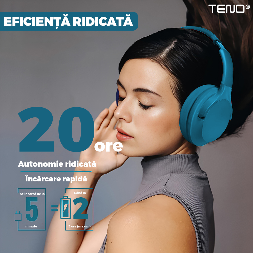 Casti Wireless Teno961, TV11, overear, bluetooth 4.1, extra bass bright series MP3 cu microfon, radio Fm si SD card, albastru turcoaz