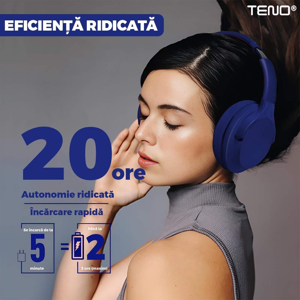Casti Wireless Teno960, TV11, overear, bluetooth 4.1, extra bass bright series MP3 cu microfon, radio Fm si SD card, albastru inchis