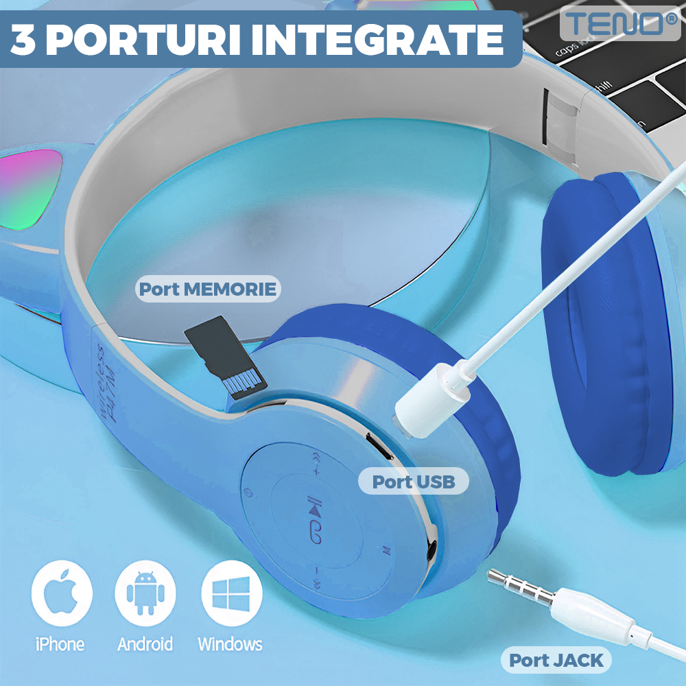 Casti Wireless Model Pisica Teno955, P47M, overear, urechi de pisica cu iluminare RGB, bluetooth 5.0, handsfree, HiFi, bass stereo, albastru deschis