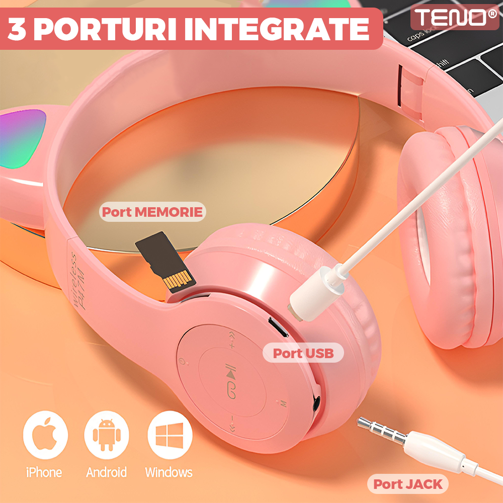 Casti Wireless Model Pisica Teno951, P47M, overear, urechi de pisica cu iluminare RGB, bluetooth 5.0, handsfree, HiFi, bass stereo, roz