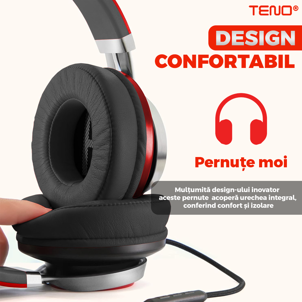 Casti Wireless Teno962, overear, bluetooth 4.2, extra bass, blocare sunete externe, slot card TF, functii multiple, rosu