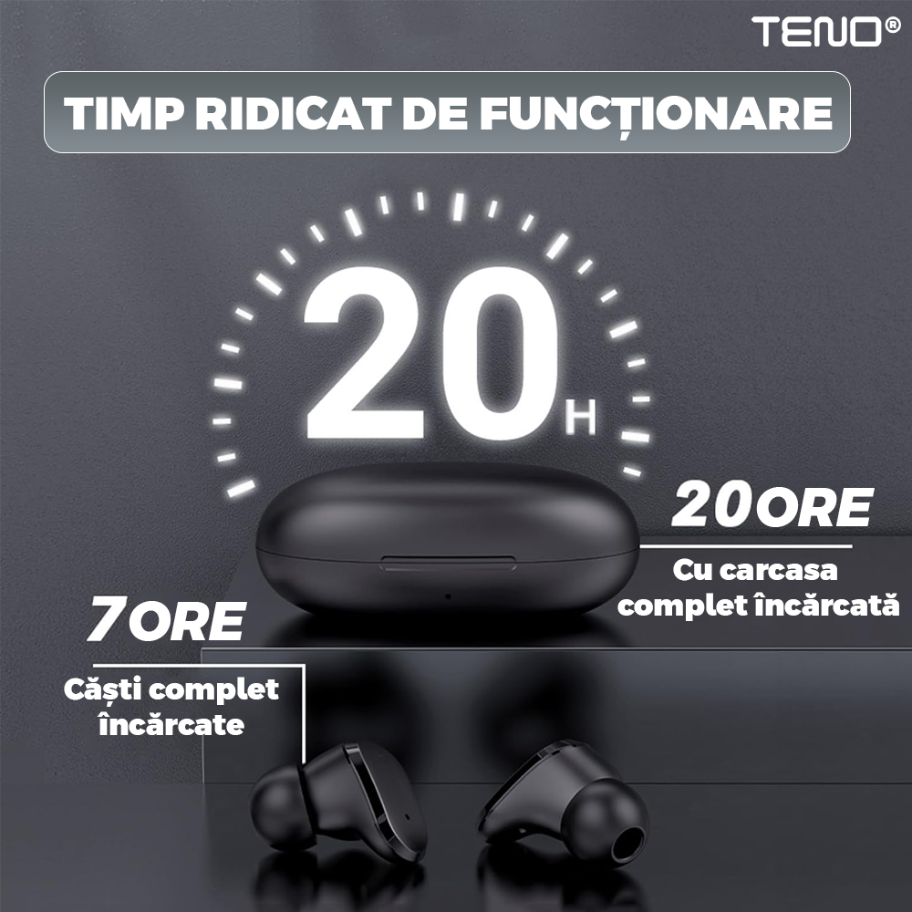 Casti Wireless Teno985, TWS, Bluetooth 5.0, afisaj digital, carcasa magnetica, sunet stereo, compatibilitate univesala, design compact, autonomie 7 ore,negru