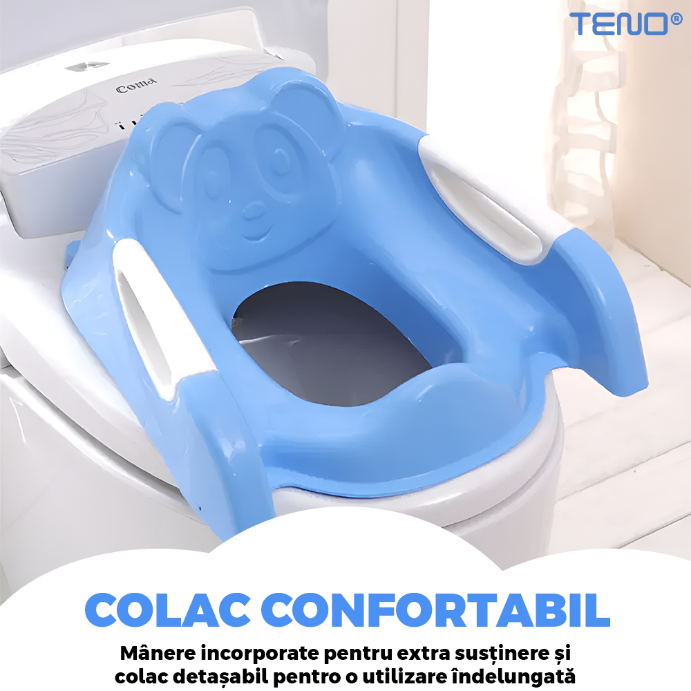 Reductor WC cu Scara Teno974, antiderapant, pentru copii cu varsta pana la 7 ani, protectie impotriva stropilor, 1 treapta, reglabil pe inaltime, manere de sustinere, alb/albastru