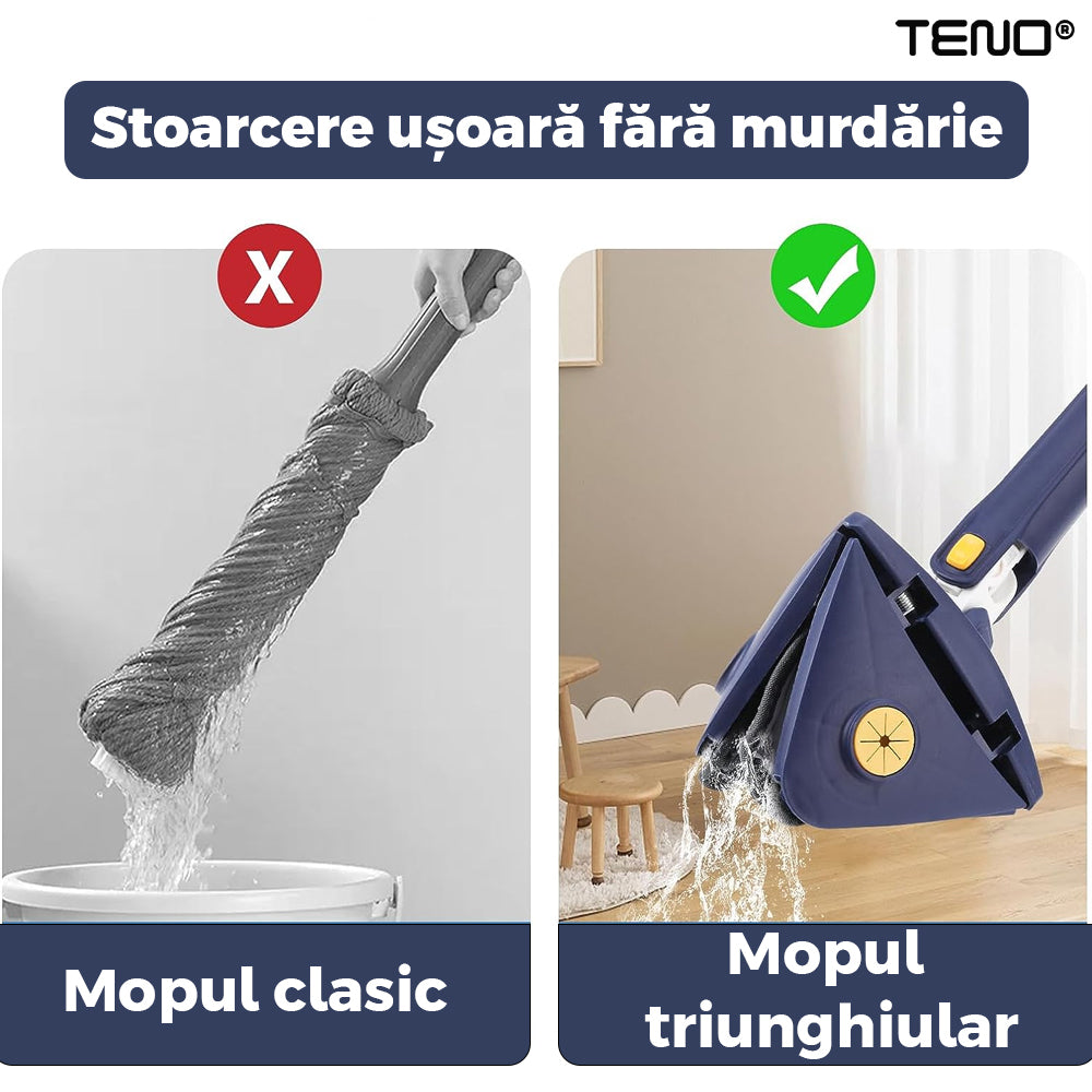 Mop cu Cap Triunghiular Teno321, rotire 360 grade, telescopic, curatare usoara, 4 lavete incluse, 127 cm, albastru/galben