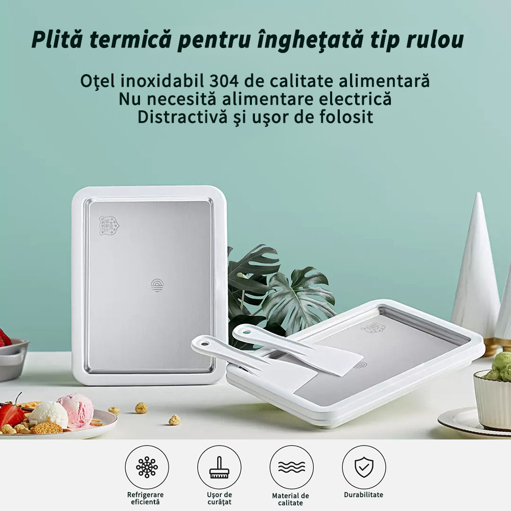 Plită termică pentru înghețată tip rulou, cu 2 spatule + forma din silicon pentru inghetata