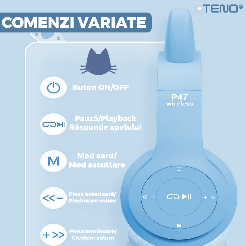 Casti Wireless Model Pisica Teno955, P47M, overear, urechi de pisica cu iluminare RGB, bluetooth 5.0, handsfree, HiFi, bass stereo, albastru deschis