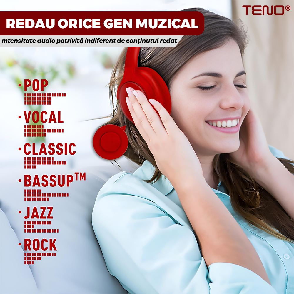 Casti Wireless Teno958, TV11, overear, bluetooth 4.1, extra bass bright series MP3 cu microfon, radio Fm si SD card, rosu