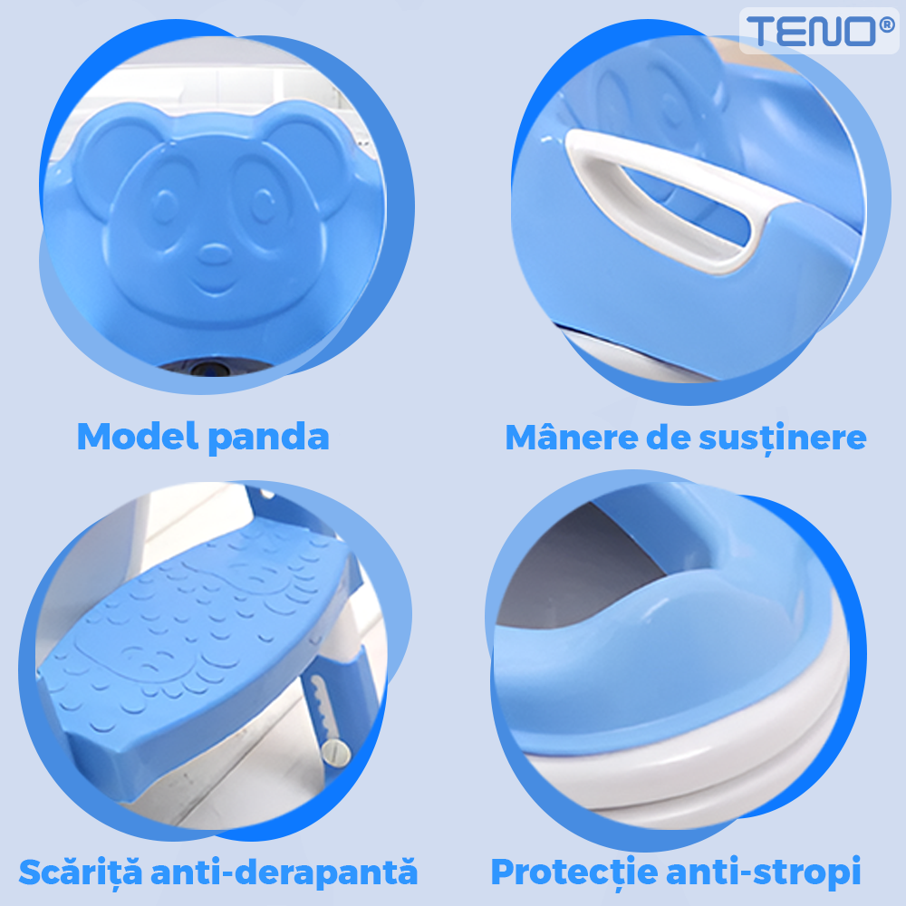 Reductor WC cu Scara Teno974, antiderapant, pentru copii cu varsta pana la 7 ani, protectie impotriva stropilor, 1 treapta, reglabil pe inaltime, manere de sustinere, alb/albastru