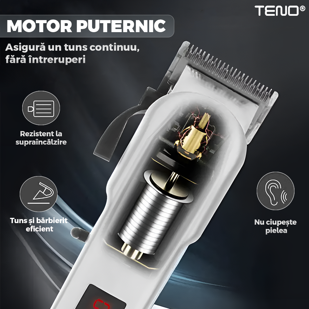 Aparat de tuns barba Teno979, afisaj digital, 4 piepteni inclusi, incarcare la retea, lame ascutite, usor de curatat, trimmer profesional, alb