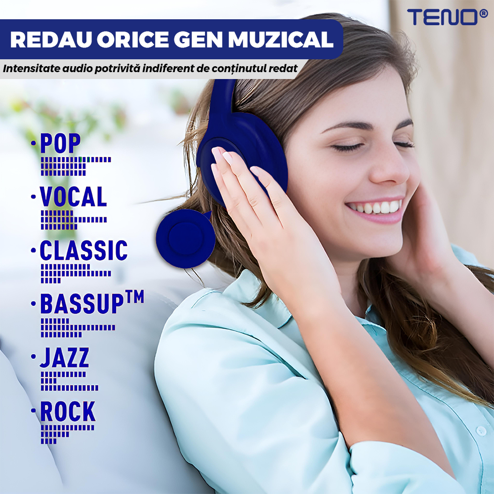 Casti Wireless Teno960, TV11, overear, bluetooth 4.1, extra bass bright series MP3 cu microfon, radio Fm si SD card, albastru inchis