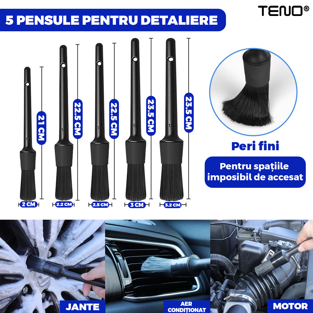 Set Premium 26 Piese Detailing Auto Teno677, curatare masina Interior-exterior, 5 pensule detaliu, burete aplicator, laveta microfibra, perii aer conditionat, perii de zimtate, manusa microfibra fata-verso, albastru