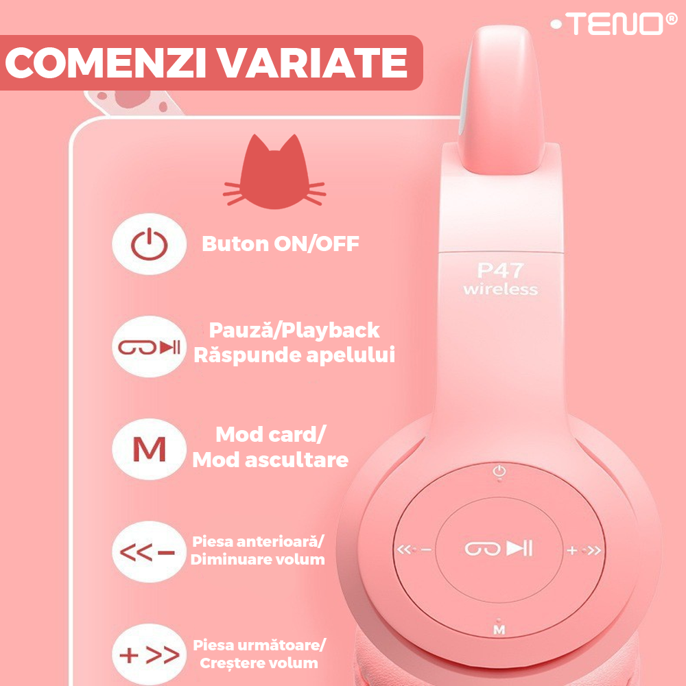 Casti Wireless Model Pisica Teno951, P47M, overear, urechi de pisica cu iluminare RGB, bluetooth 5.0, handsfree, HiFi, bass stereo, roz