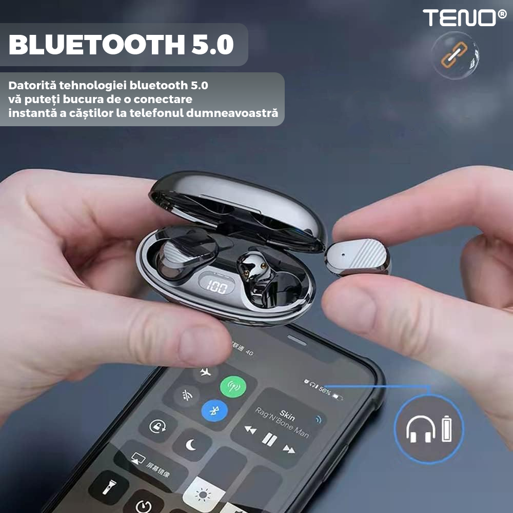 Casti Wireless Teno985, TWS, Bluetooth 5.0, afisaj digital, carcasa magnetica, sunet stereo, compatibilitate univesala, design compact, autonomie 7 ore,negru