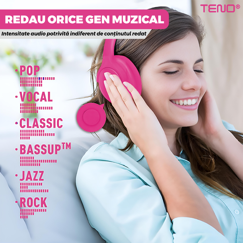 Casti Wireless Teno959, TV11, overear, bluetooth 4.1, extra bass bright series MP3 cu microfon, radio Fm si SD card, roz