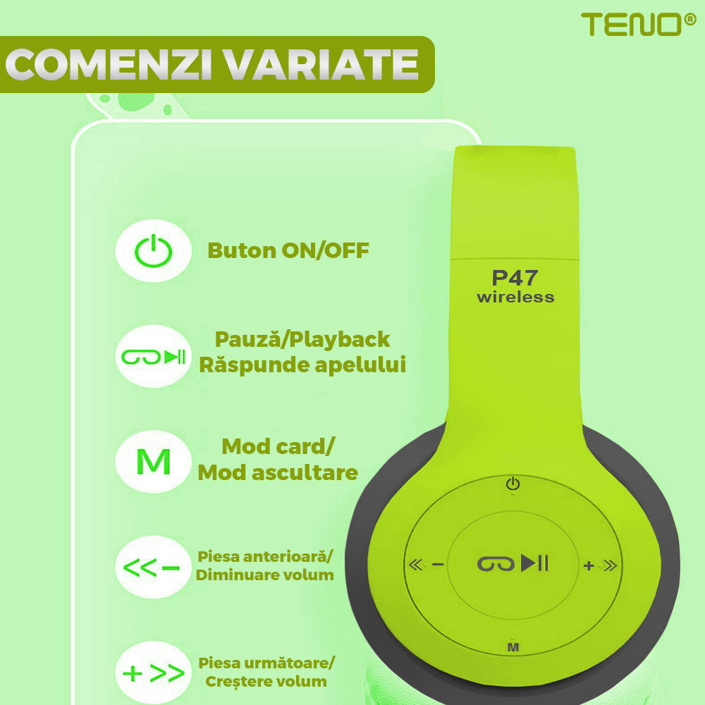 Casti Wireless Teno957, P47, overear, bluetooth 5.0, 3 porturi integrate, handsfree, HiFi, bass stereo, gri/lime