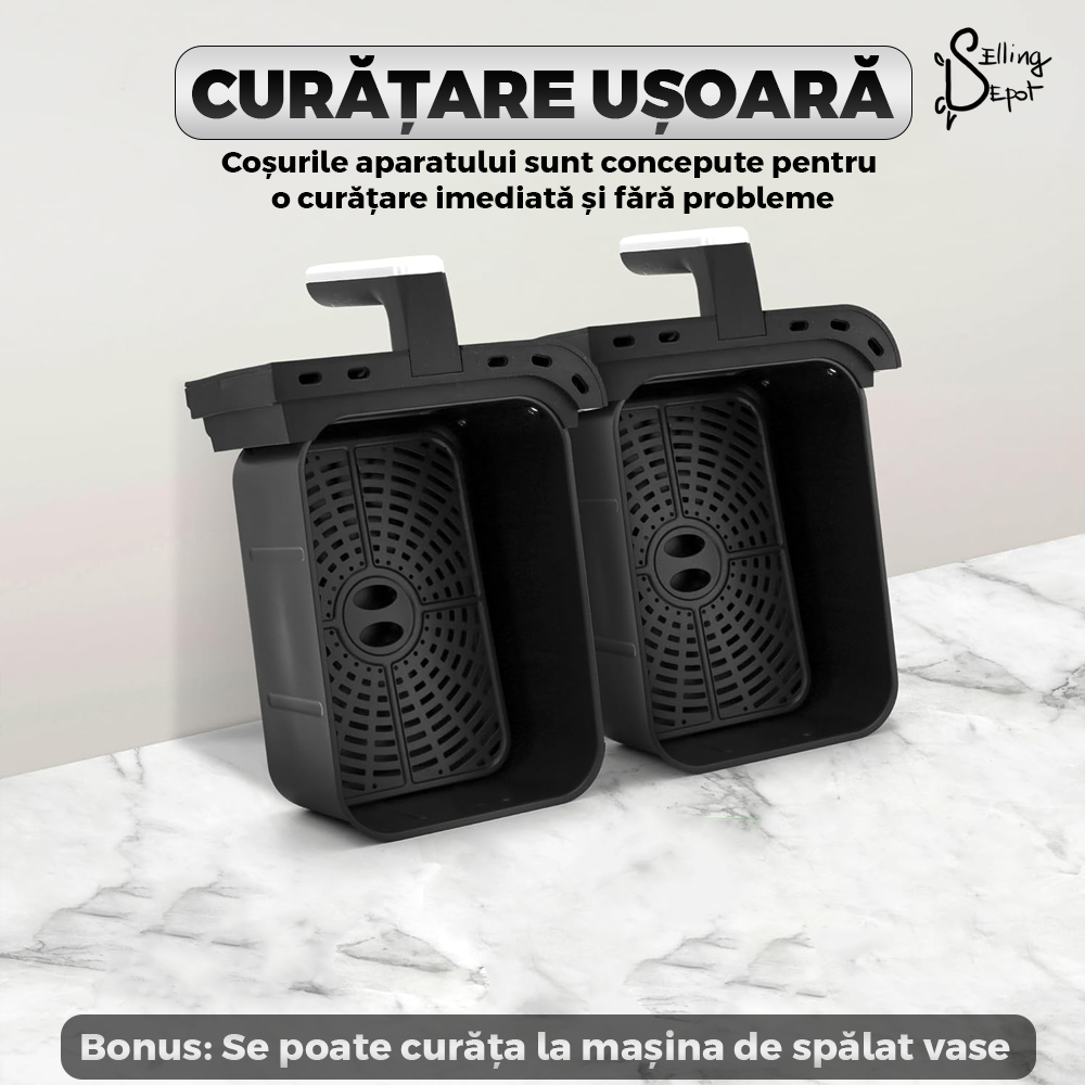 Friteuza Dubla Fara Ulei Air Fryer Teno753, tehnologie smart sensing, programe smart chef automate, afisaj digital, capacitate 8 L, tehnologie de eliminare a grasimii, functie de pastrare la cald,tensiune alimentare 220-240 V, culoare negru