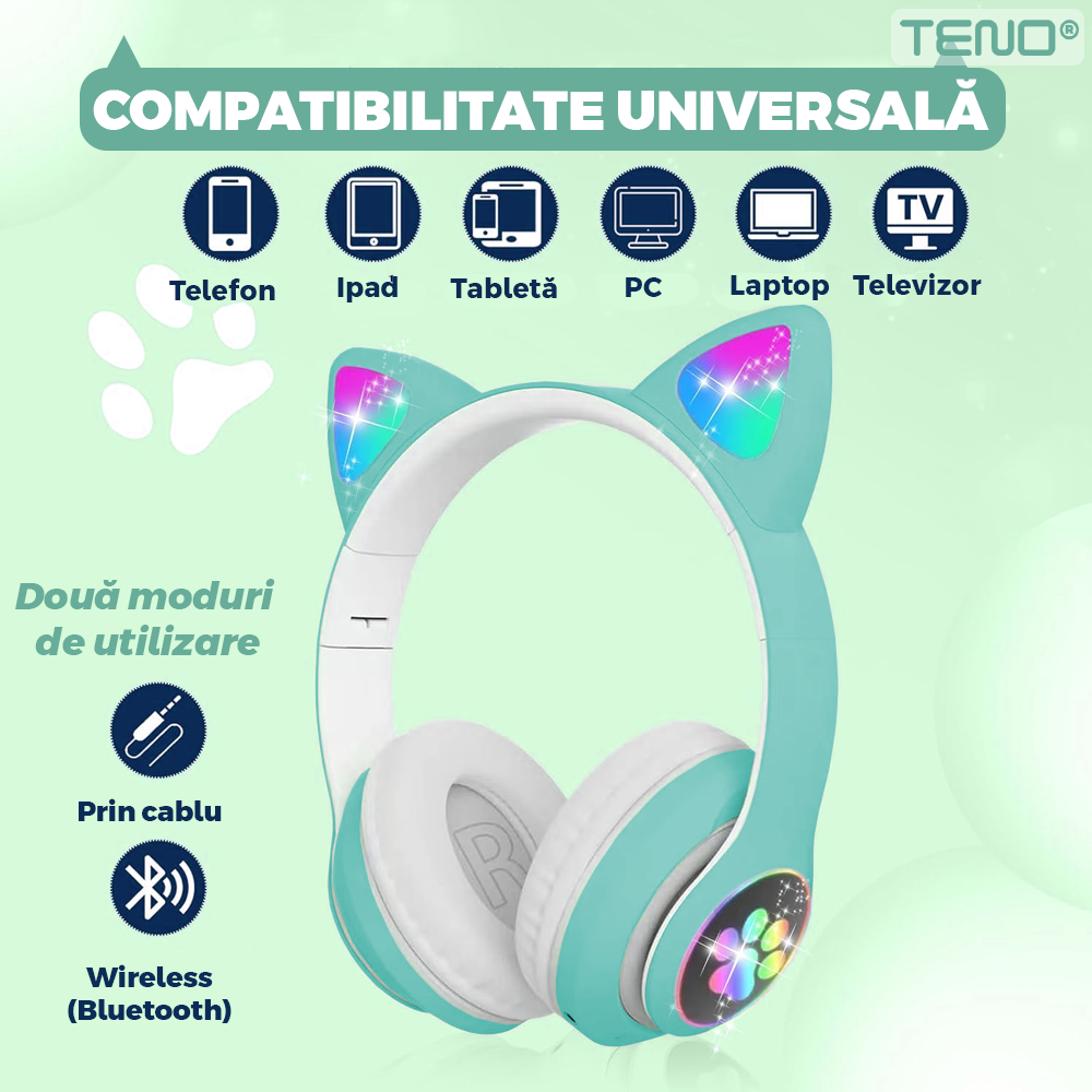 Casti Wireless Model Pisica Teno948, STN-28, overear, urechi de pisica cu iluminare RGB, bluetooth 5.0, handsfree, HiFi, bass stereo, turcoaz