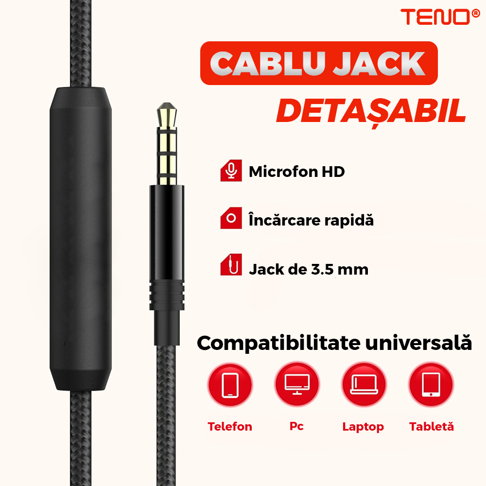 Casti Wireless Teno962, overear, bluetooth 4.2, extra bass, blocare sunete externe, slot card TF, functii multiple, rosu