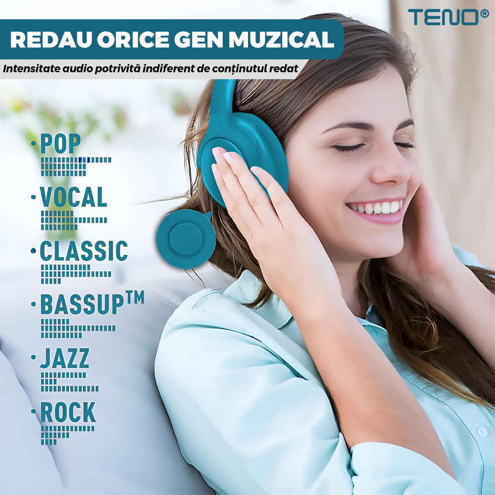 Casti Wireless Teno961, TV11, overear, bluetooth 4.1, extra bass bright series MP3 cu microfon, radio Fm si SD card, albastru turcoaz