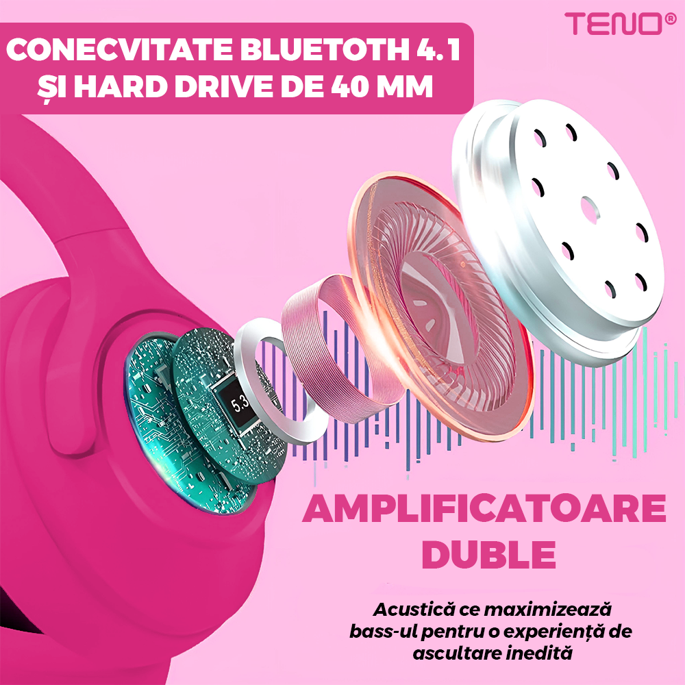 Casti Wireless Teno959, TV11, overear, bluetooth 4.1, extra bass bright series MP3 cu microfon, radio Fm si SD card, roz