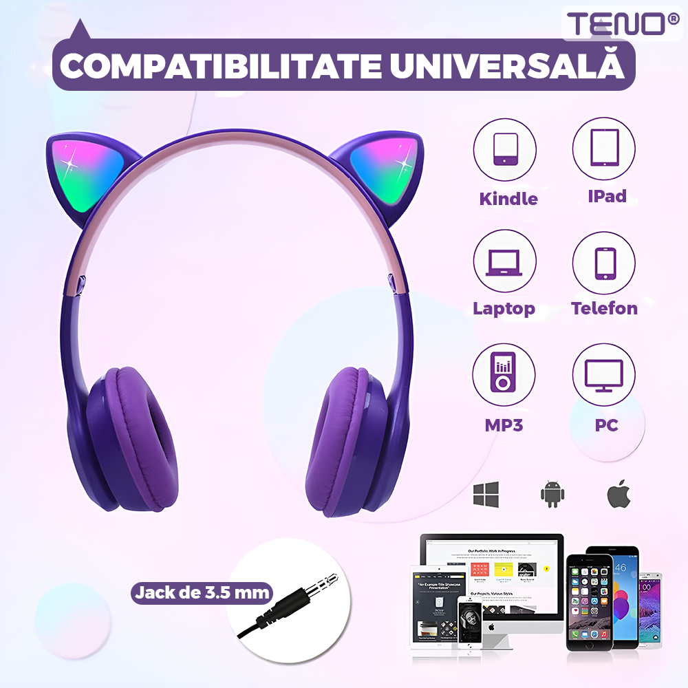Casti Wireless Model Pisica Teno952, P47M, overear, urechi de pisica cu iluminare RGB, bluetooth 5.0, handsfree, HiFi, bass stereo, mov