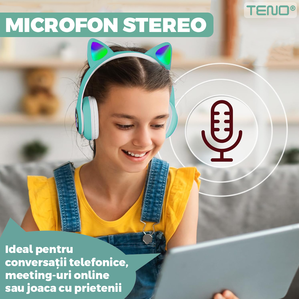 Casti Wireless Model Pisica Teno948, STN-28, overear, urechi de pisica cu iluminare RGB, bluetooth 5.0, handsfree, HiFi, bass stereo, turcoaz