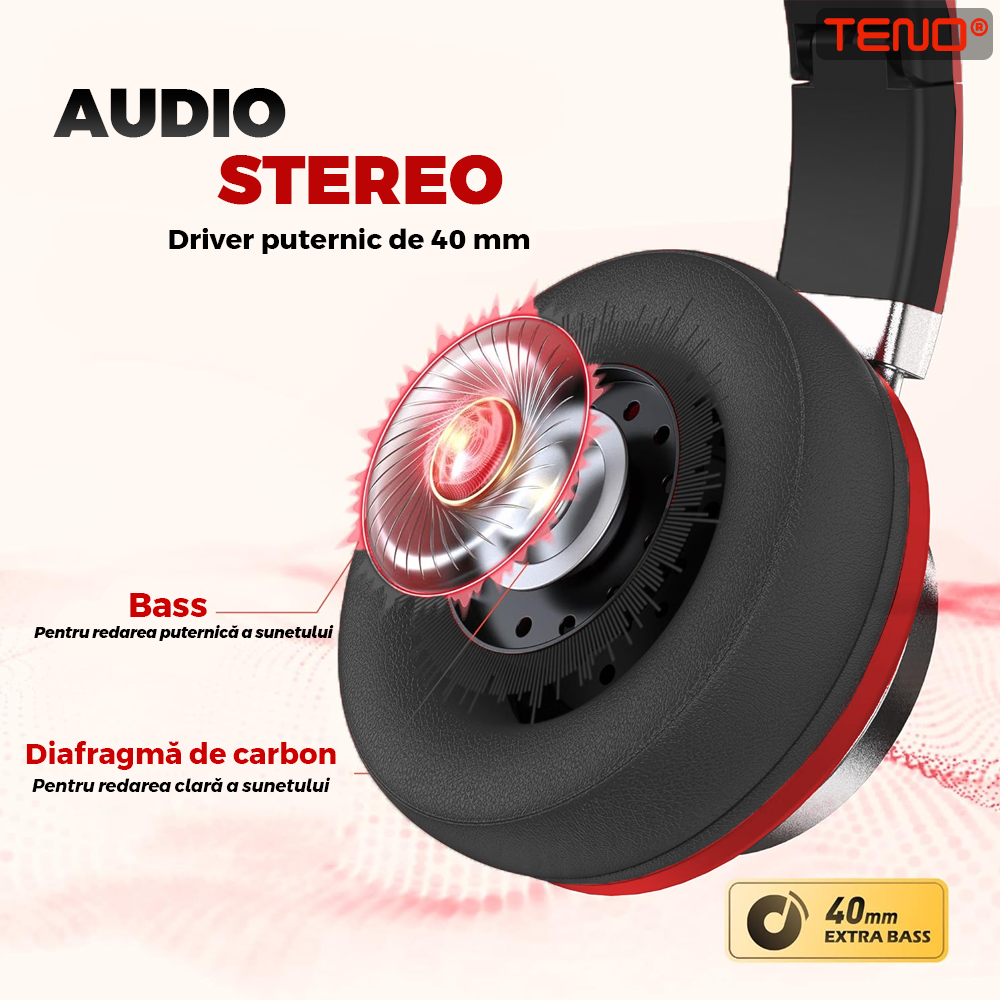 Casti Wireless Teno962, overear, bluetooth 4.2, extra bass, blocare sunete externe, slot card TF, functii multiple, rosu