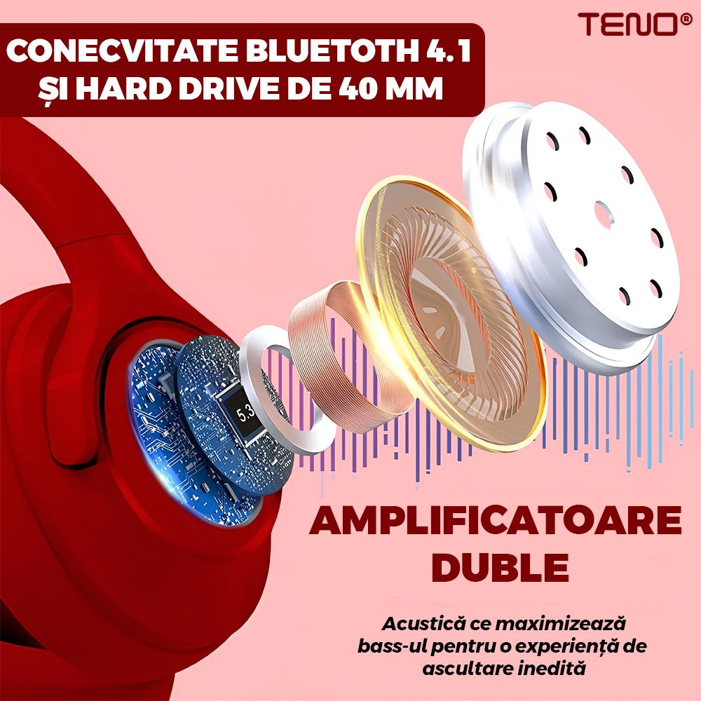 Casti Wireless Teno958, TV11, overear, bluetooth 4.1, extra bass bright series MP3 cu microfon, radio Fm si SD card, rosu