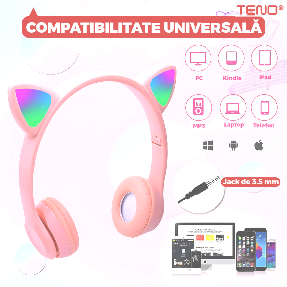 Casti Wireless Model Pisica Teno951, P47M, overear, urechi de pisica cu iluminare RGB, bluetooth 5.0, handsfree, HiFi, bass stereo, roz