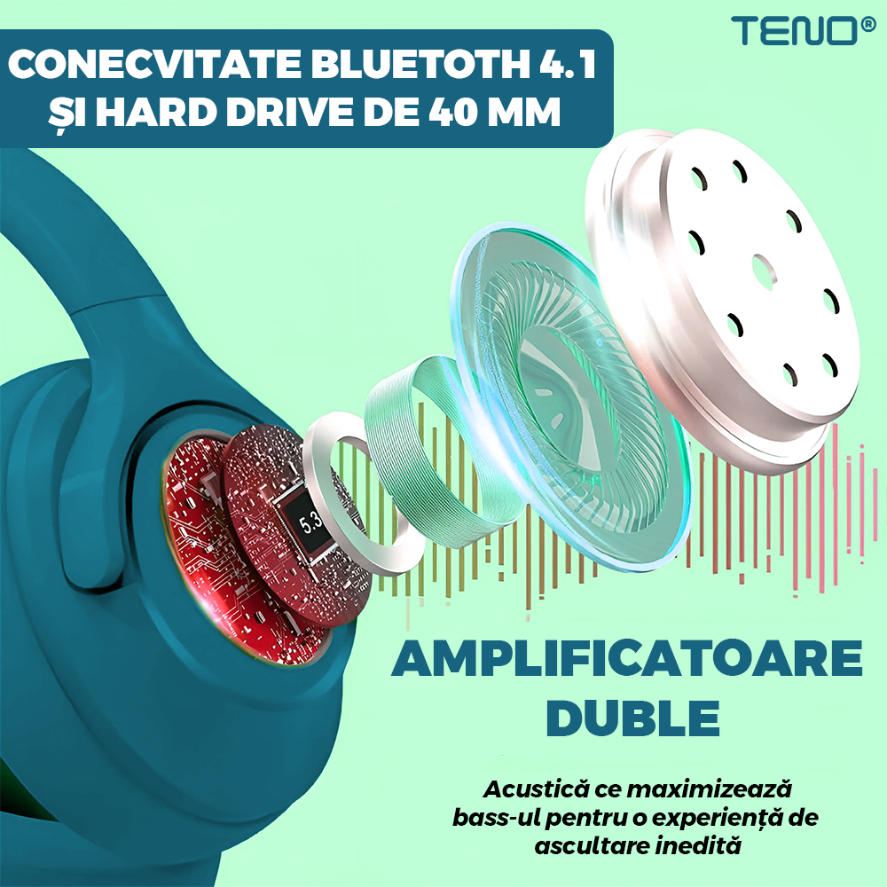 Casti Wireless Teno961, TV11, overear, bluetooth 4.1, extra bass bright series MP3 cu microfon, radio Fm si SD card, albastru turcoaz